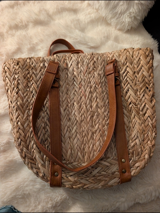 Handbags - Woven Straw Tote Bag with Brown Leather Straps